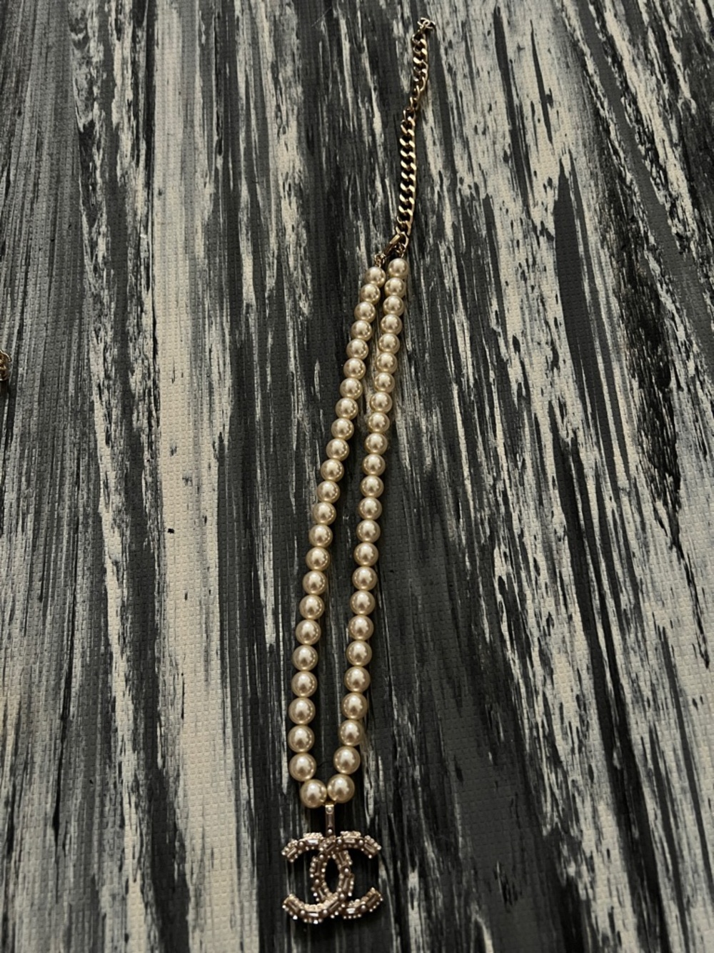 Cream Pearl Double-Strand Necklace with Gold CC Pendant